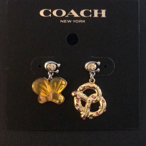Coach Bumblebee & Pretzel Mismatch Drop Earrings With Signature C & Crystal NWT - Picture 6 of 13